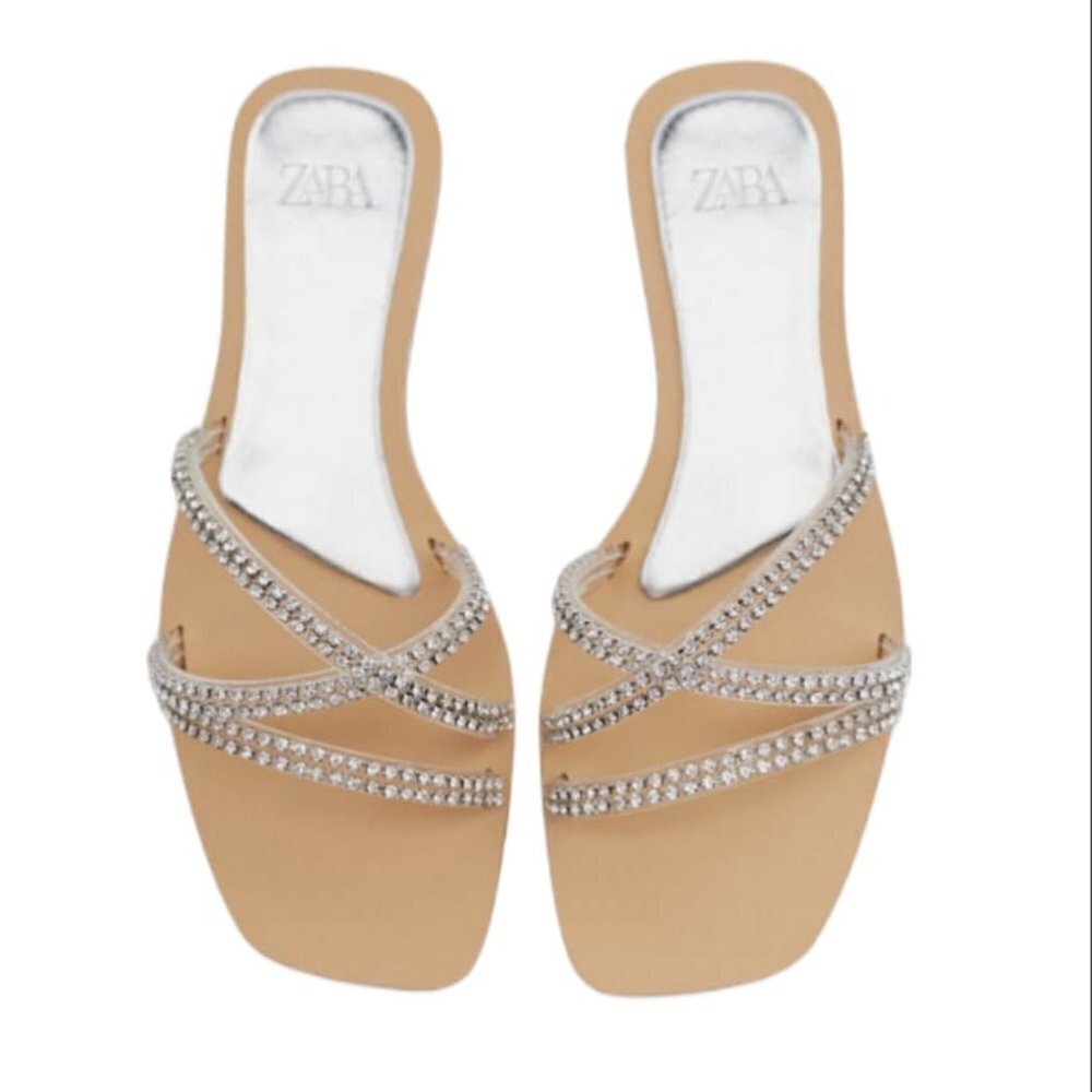 ZARA RHINESTONE FLAT SANDALS SILVER | 3822/910